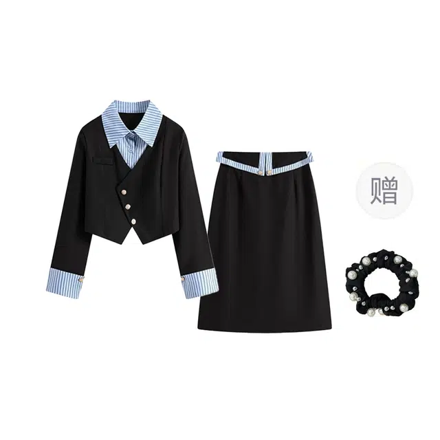 雾闪闪 大码时尚学院风显瘦遮肉假两件长袖上衣半身裙两件套裙装套装 女款