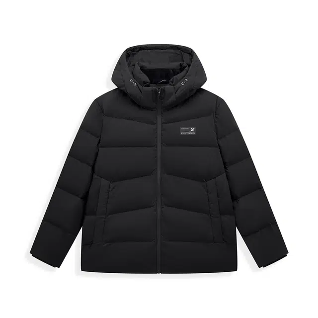 特步 综训系列 纯色拉链连帽舒适透气百搭休闲羽绒服 男款 正黑色