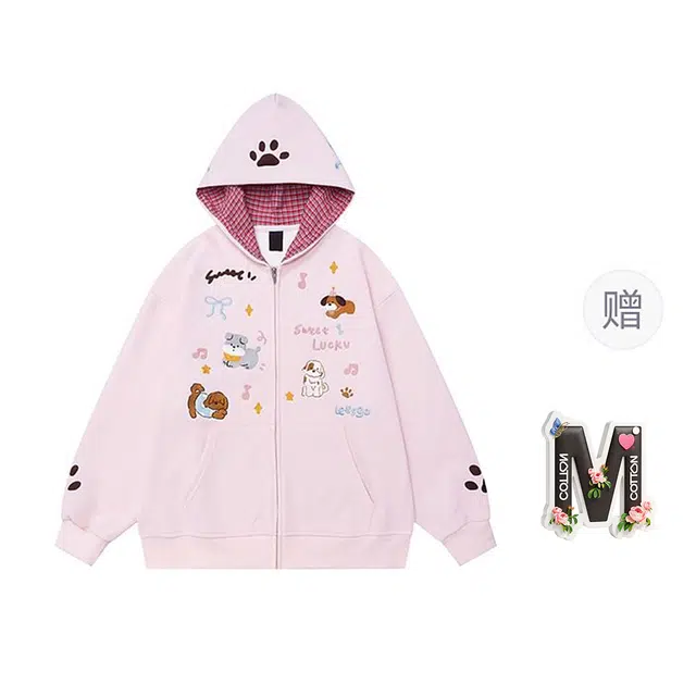 棉购 连帽趣味卡通减龄刺绣宽松潮牌学生美式慵懒风外套卫衣 女款