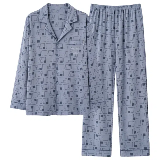 俏霓桐 时尚格子翻领纯棉亲肤简约设计休闲清新舒适长袖长裤家居服可外穿睡衣套装 男款