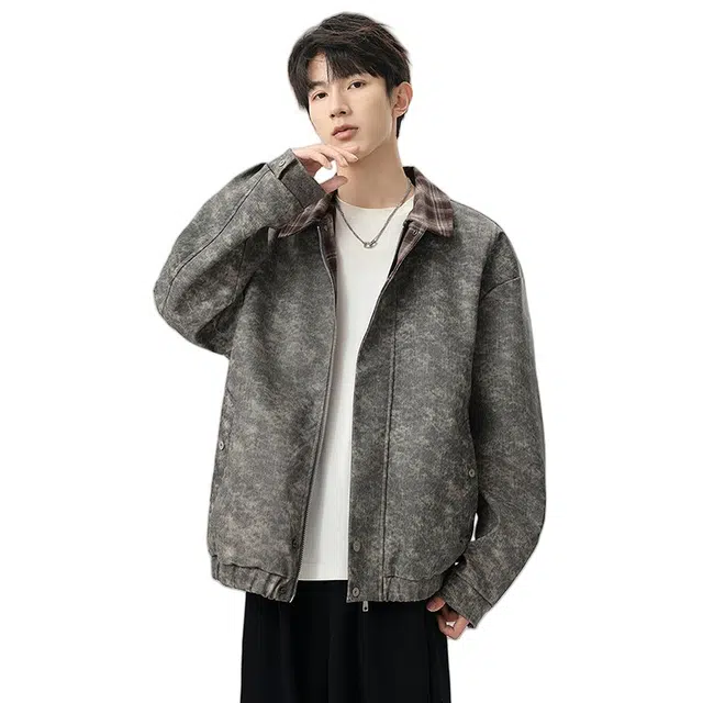 加荣 美式复古潮流秋季男士款纯色简约宽松百搭男上衣休闲日常通勤落肩防风保暖男长袖夹克青少年时尚春秋开衫男外套 男女同款