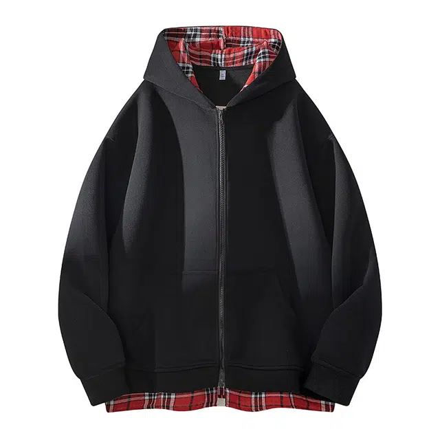 稻草人 假两件美式格子拼接开衫卫衣绒感外套 男女同款