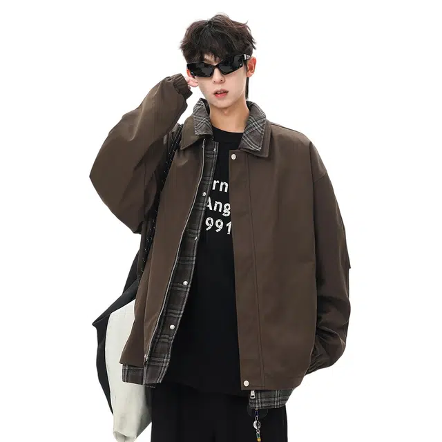 顶峰保罗 美式假两件格纹拼接翻领长袖外套无性别主义休闲复古潮牌宽松大码上衣简约百搭显高显瘦夹克 男女同款