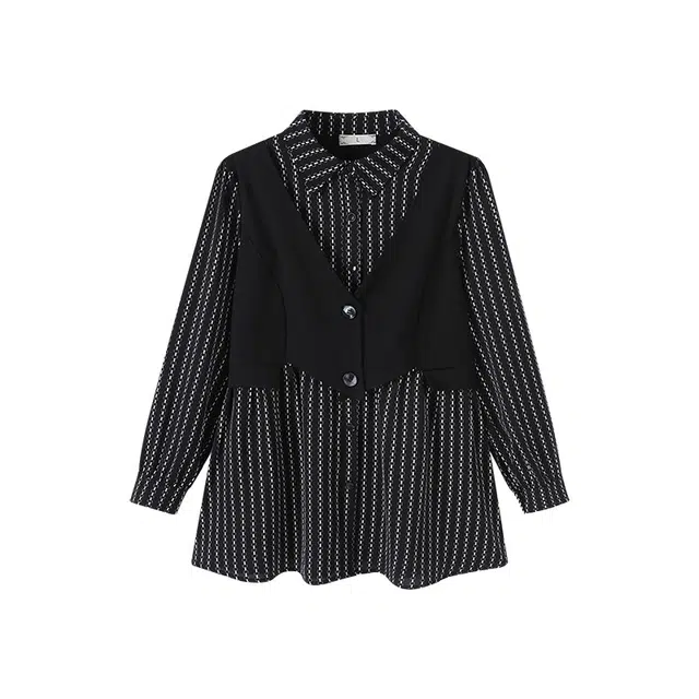 云妃秀 大码女装衬衫翻领条纹时尚休闲宽松显瘦遮肉胖妹妹假两件秋 女款