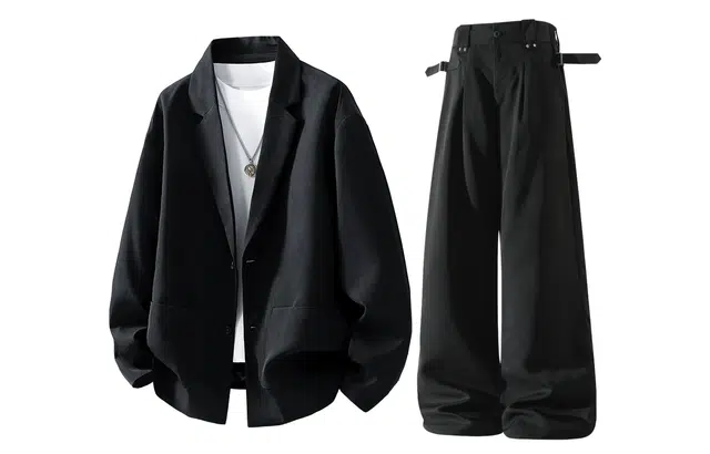 梓润格 春秋季美式高街风西服休闲外套嘻哈潮流日常通勤高级感中腰纽扣腰头西裤男宽松阔腿百搭长裤西装套装 男女同款