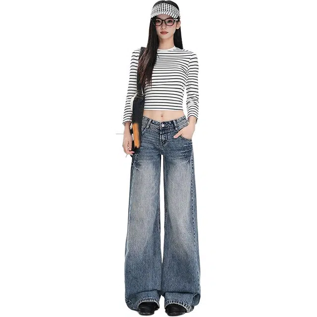 水中花 美式复古微喇裤低腰显瘦垂感宽松拖地阔腿做旧水洗折痕磨白牛仔裤 女款