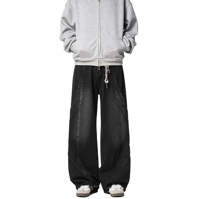 佐菲利 美式弯刀高街水洗工装长裤拼接多口袋宽松直筒阔腿裤子牛仔裤 男款