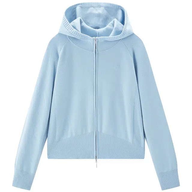 太平鸟 时尚休闲羊毛混纺连帽双拉链开衫微阔宽松外套上衣短款针织衫 女款