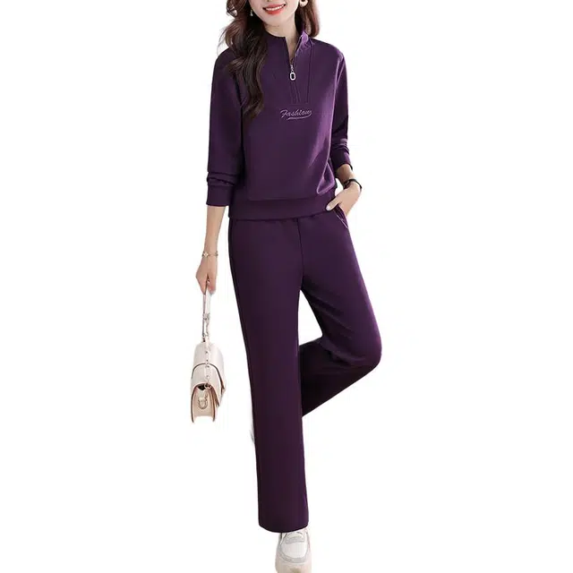 缪斯的诱惑 时尚潮流洋气减龄纯色刺绣字母春秋一整套日常穿搭时髦复古半拉链立领长袖卫衣直筒抽绳阔腿长裤两件套舒适优雅运动休闲套装 女款