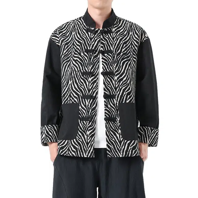 加荣 新中式唐装男春秋季时尚牛仔长袖夹克男款宽松舒适秋男装复古大码豹纹刺绣上衣男日常生活百搭衬衣流行风格男士外套 男女同款