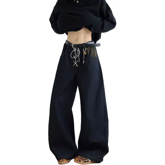 潮人榜 美式高街秋冬复古豹纹拼接设计感百搭潮牌中腰宽松显瘦垂感弯刀牛仔裤 男女同款