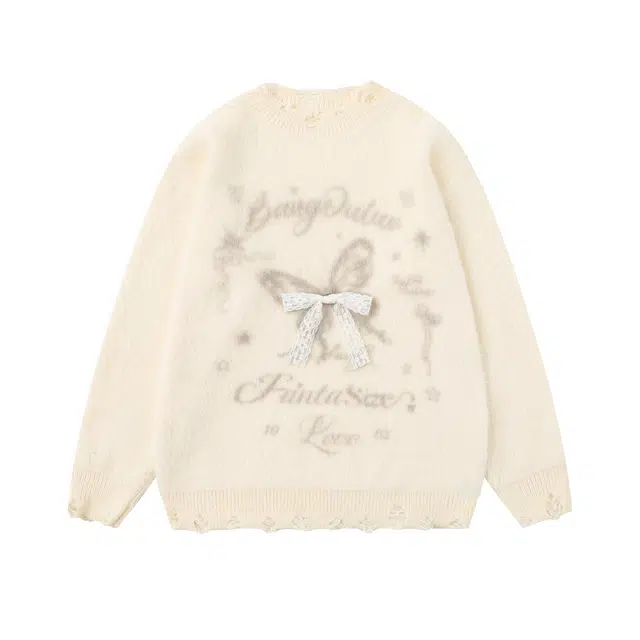 奇迹街区 韩式学院风复古个性可爱字母蝴蝶结装饰百搭时尚简约宽松舒适慵懒感设计感小众休闲创意圆领套头针织衫 男女同款