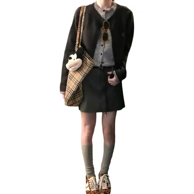 沐晓欣 入秋穿搭一整套女假两件拼接慵懒风设计感针织开衫半身裙两件套裙装套装 女款