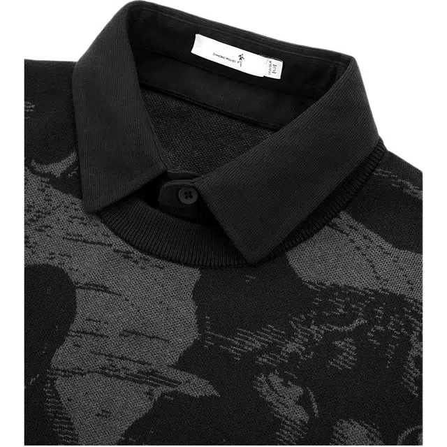 与狼共舞 羊毛亲肤保暖超柔软时尚假两件高街满印百搭翻领套头毛衣 男款