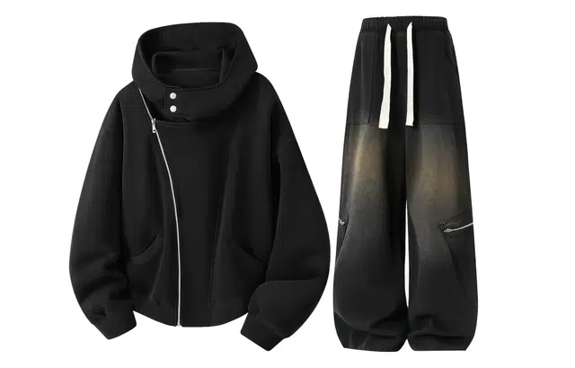 梓润格 飒酷个性机车风宽松翻领设计感开衫夹克水洗拉链美式复古阔腿牛仔裤长裤子卫衣套装 男女同款