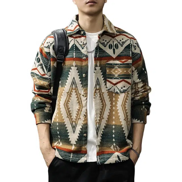 前进牛 新中式休闲复古经典潮牌新中式中性风重磅仿羊毛提花真针织衫百搭宽松大码民族风衬衫 男女同款