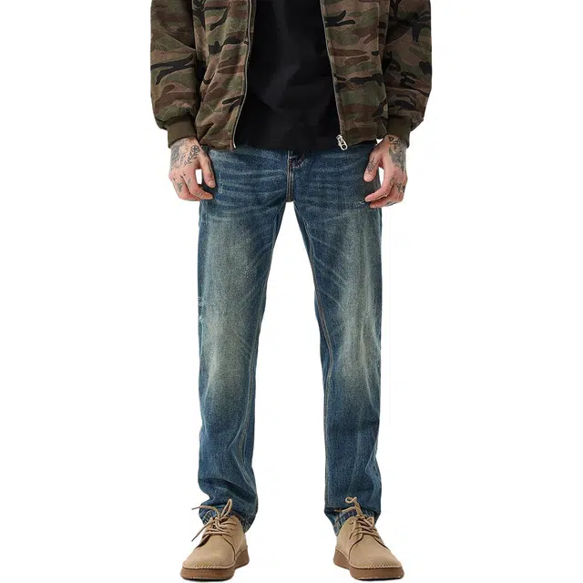 逆腾 秋季复古裤男潮牌水洗刮烂直筒男裤春秋基础款修身小脚牛仔裤 男款