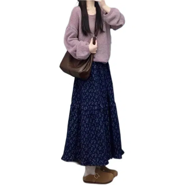 沐晓欣 韩系温柔氛围感穿搭一整套女秋冬针织开衫毛衣碎花半身裙两件套裙装套装 女款