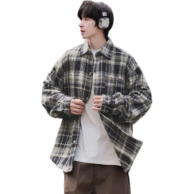 么宁 秋冬季格子长袖衬衣宽松翻领休闲外套学院风情侣个性上衣舒适透气设计感衬衫 男女同款