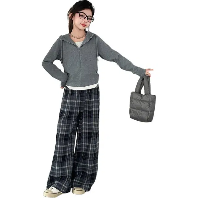 韩素伊休闲运动套装 女童假两件连帽衫洋气春秋款针织外套儿童格子阔腿裤子潮 青少年