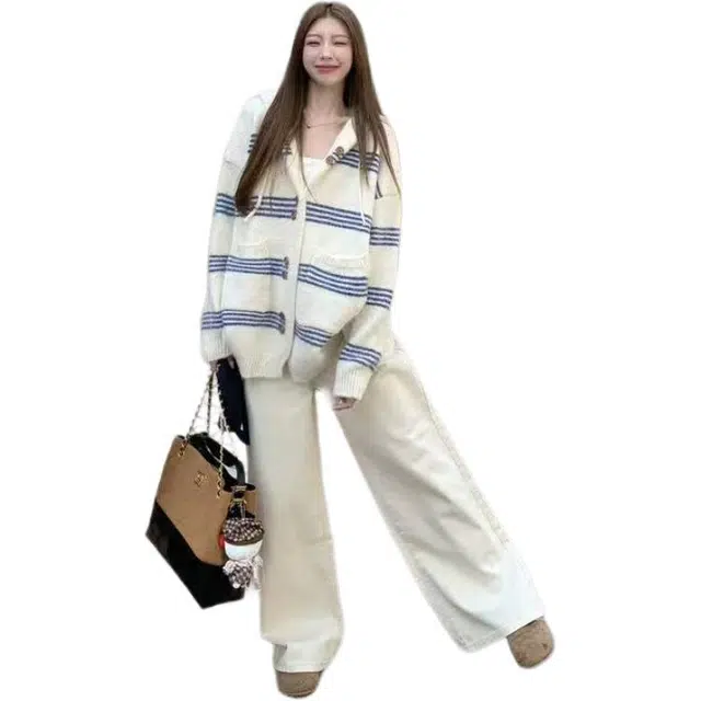 沐晓欣 韩系撞色条纹连帽外套女秋冬季慵懒高级感软糯中长款开衫针织衫 女款