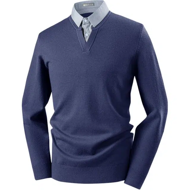 红豆 重磅羊毛保暖加厚假两件衬衫领秋冬针织衫内搭打底衫上衣毛衣 男款