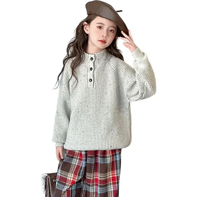 蓝彩何毛衣 女童半高领衣服秋冬款中大儿童洋气时髦彩点休闲针织衫打底上衣