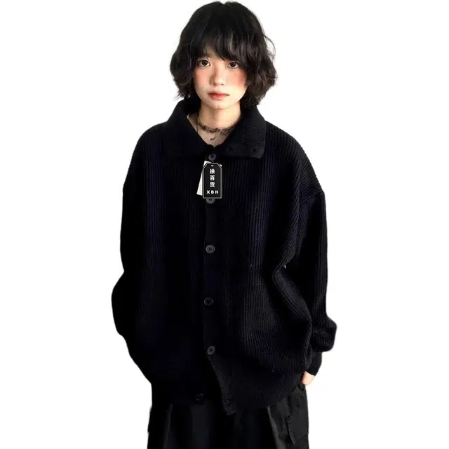 徐百货 美式高街潮牌百搭纯色慵懒风高领开衫上衣秋冬款潮流宽松复古排扣外套毛衣 男女同款