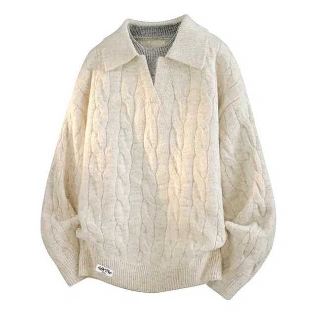 泰迪珍藏  美式复古简约纯色织唛标基础款休闲慵懒风松弛感【羊毛重磅宽松】假两件翻领百搭柔软舒适高弹性贴身保暖套头毛衣 男女同款