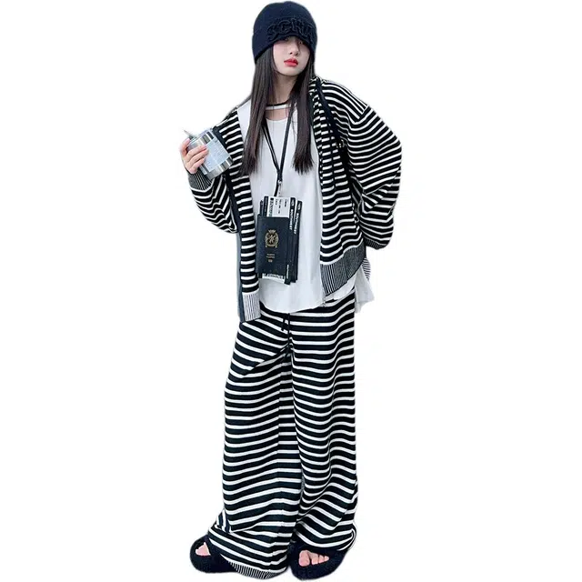 韩素伊休闲运动套装 美式复古慵懒风条纹连帽开衫外套女童秋季宽松阔腿长裤两件 青少年