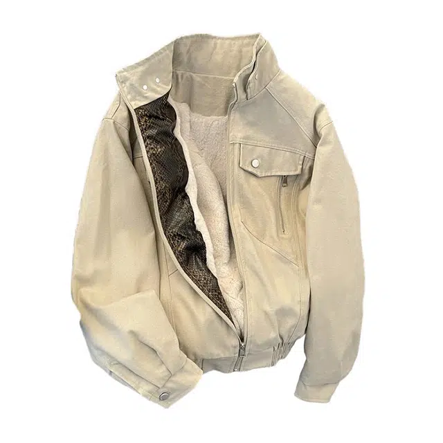 木林森 美式复古工装座山蛇皮蟒纹外套冬季加绒加厚雕飞行员夹克棉服 男女同款