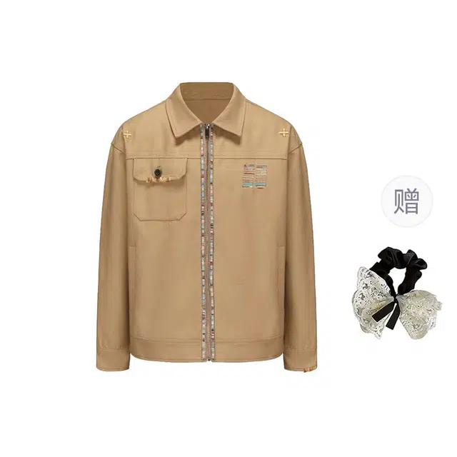 涂诗菲 美式复古刺绣翻领宽松设计感小众情侣百搭工装长袖外套夹克 男女同款