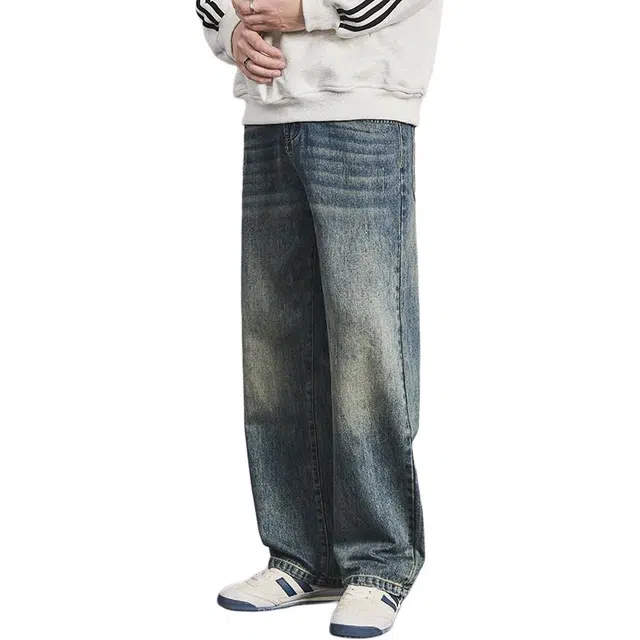 协协乐 高街风美式复古做旧水洗秋冬季潮牌宽松直筒阔腿青少年拖地裤百搭帅气休闲运动长裤牛仔裤 男款