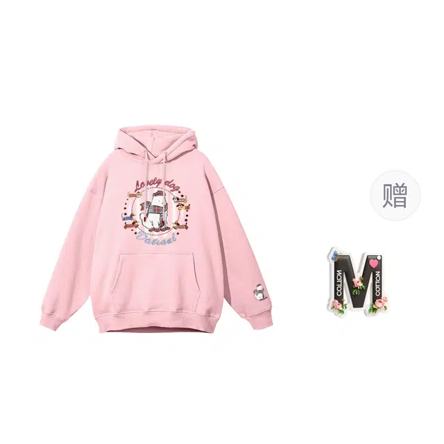 棉购 卡通连帽简约刺绣秋冬宽松大码长袖上衣加厚外套重磅情侣卫衣 女款