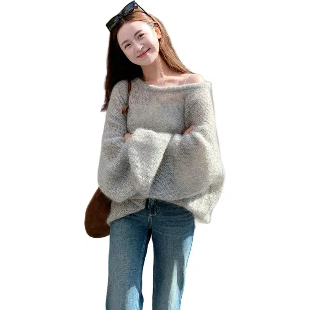 沐晓欣 慵懒风宽松复古百搭落肩长袖针织衫 女款