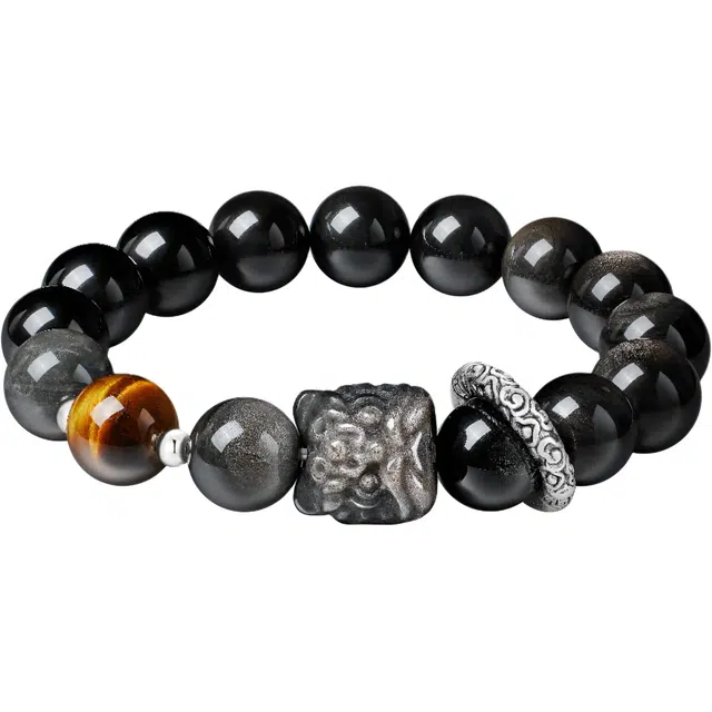 【999足银】 央创时尚 中国黄金 新中式祥瑞醒狮跑环单圈 八方来财 平安吉祥水逆散退 上岸转运旺事业#好运天然 黑曜石 手串 男女同款情侣款