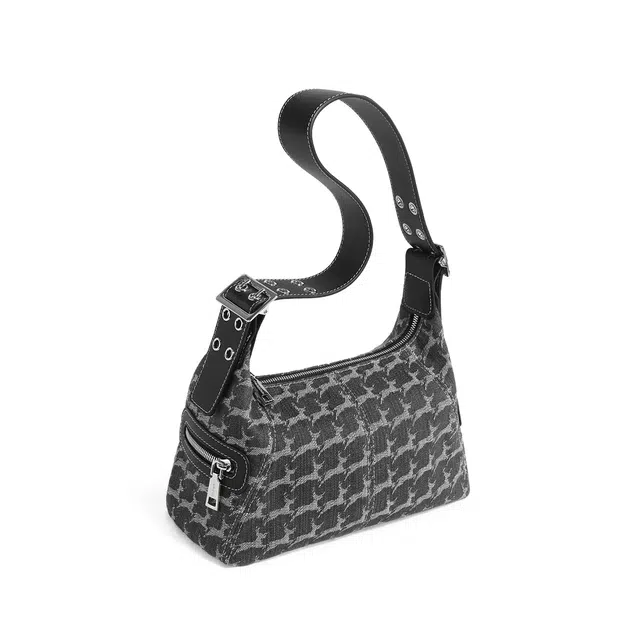 妙迪 复古机车牛仔包设计感腋下托特包 织物 单肩包 常规 女款 丹宁黑