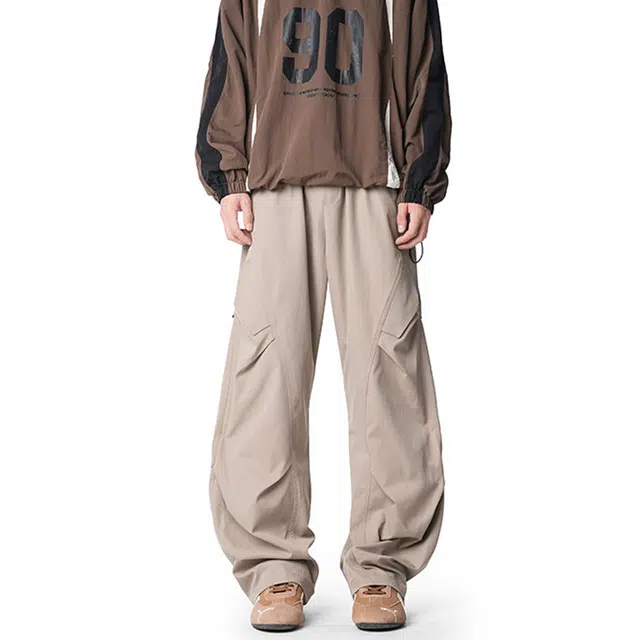 佐菲利 潮牌美式褶皱弯刀运动裤复古街头宽松百搭阔腿休闲长裤工装裤 男女同款