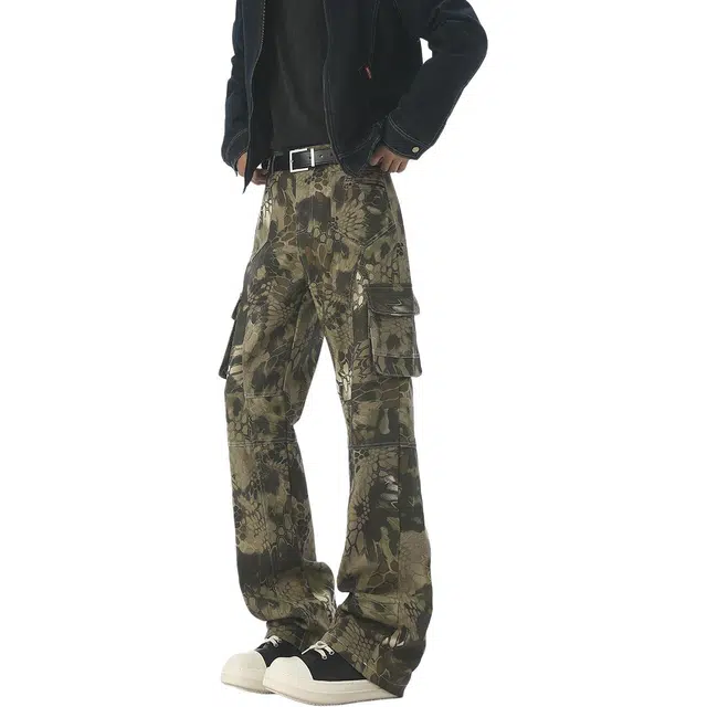 袋鼠 高个子加长版型长裤美式复古显瘦百搭基础款通勤阔腿裤高街迷彩微喇裤修身直筒情侣休闲裤 男女同款