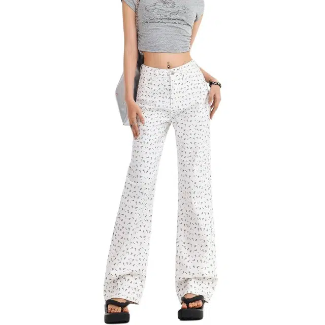 如续 韩系减龄碎花设计感阔腿长裤高腰宽松小众印花直筒百搭牛仔裤 女款