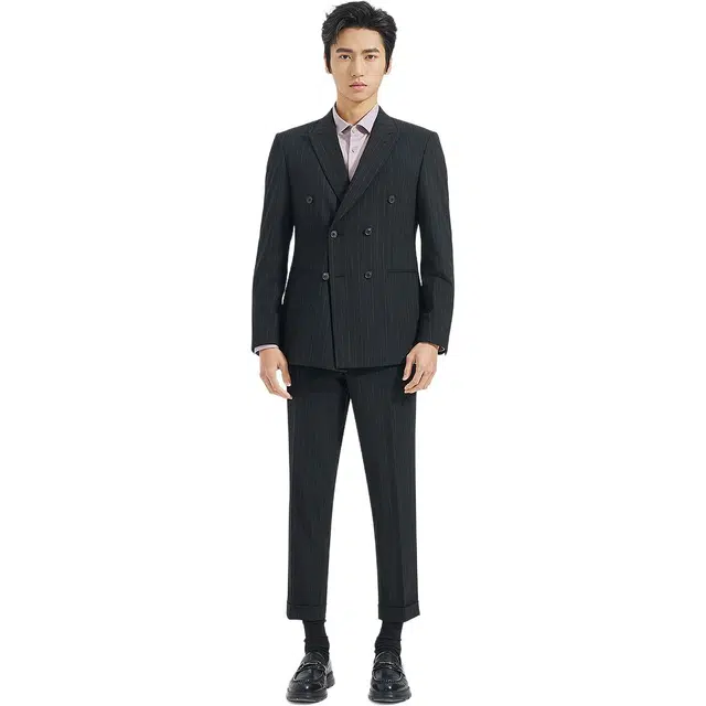 利郎 时尚都市潮流复古戗驳领条纹双排扣工作秋季西装套装 男款