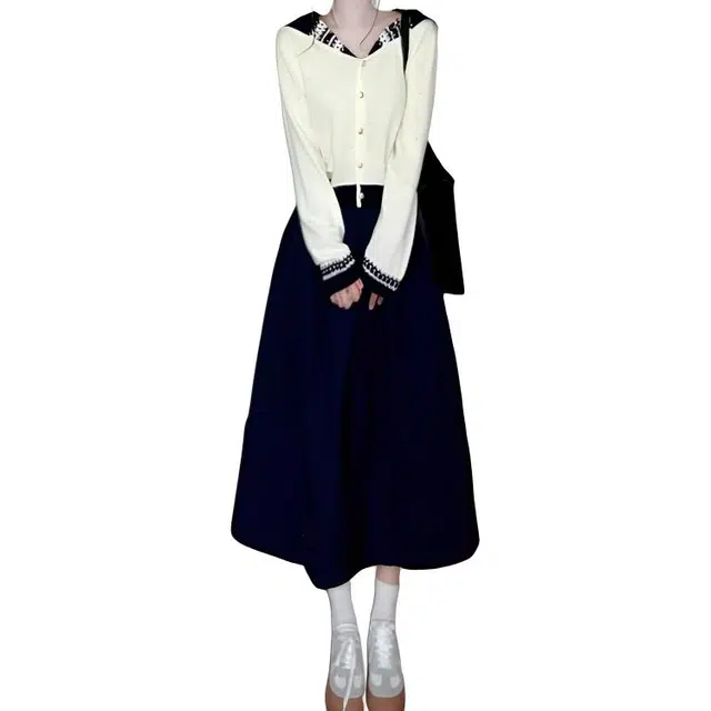 沐晓欣 法式小香风海军领长袖针织开衫半身裙两件套裙装套装 女款