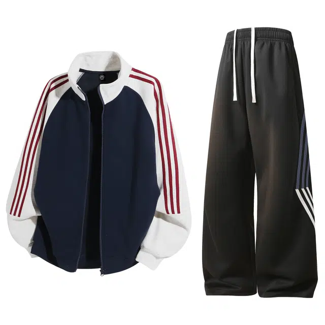 吾皇猫 高街潮流学院风美式复古春秋基础款舒适透气简约百搭时尚三条杠条纹拼色长袖开衫卫衣外套直筒长裤秋季休闲运动套装 男女同款