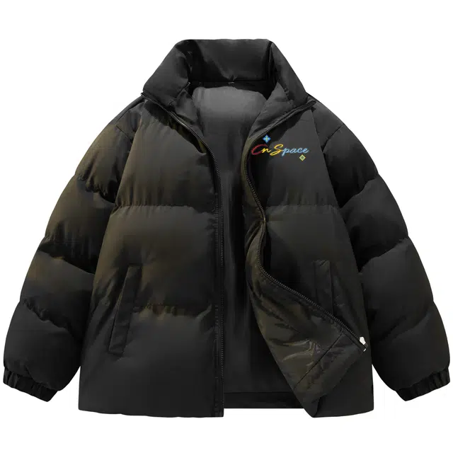 中国航天 美式复古图腾花瓣字母印花纯色基础款简约街头嘻哈多巴胺宽松休闲柔和潮流百搭时尚加厚保暖防风防寒立领面包棉服外套 男女同款