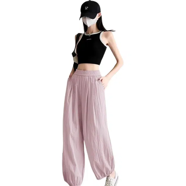 欧迪芬 粉色九分速干通勤风高腰休闲裤 女款