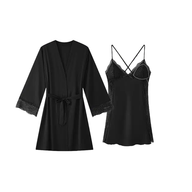 潞优野 高端品质冰丝纯欲风性感简约设计蕾丝边吊带睡裙舒适家居服带胸垫春秋季睡衣套装 女款