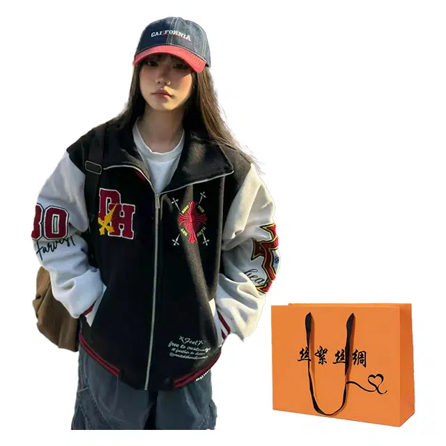 丝絮丝绸 春秋季美式复古高街刺绣棒球服国潮牌嘻哈外套夹克 女款