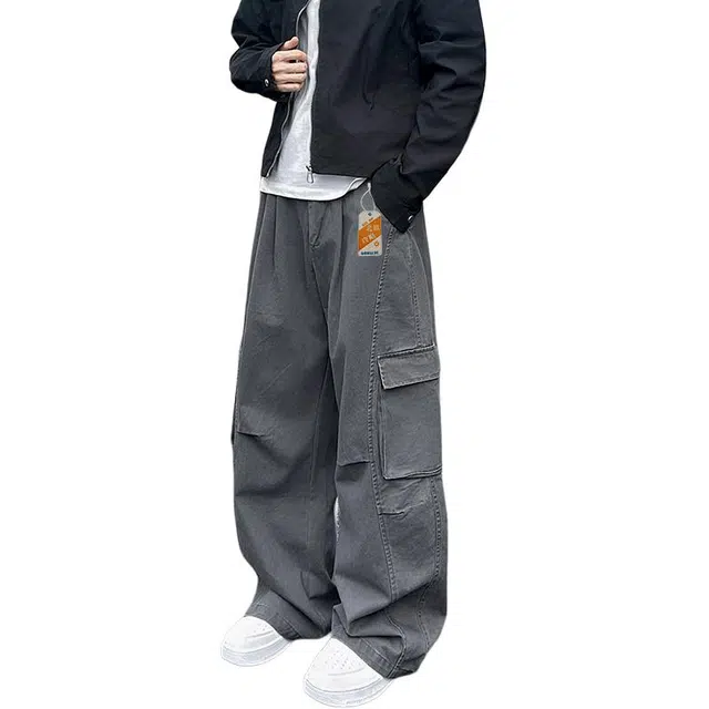 北欧攻略 高级感水洗休闲裤春秋宽松直筒垂感长裤日系秋季慵懒风裤子男工装裤 男女同款