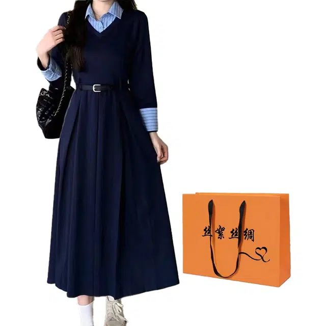 丝絮丝绸 韩系高级感深秋初冬入秋穿搭一整套裙子长袖连衣裙 女款