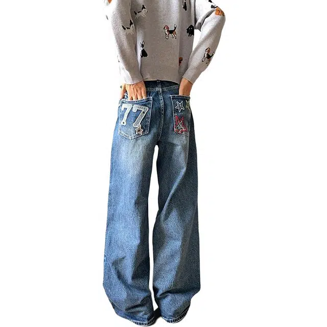 潮人榜 秋冬美式高街直筒宽松刺绣贴布设计感潮牌垂感阔腿裤子潮流弯刀牛仔裤 男女同款